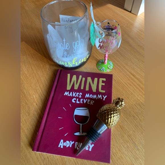 Other - Wine theme items 🍷- Stemless glass, book, ornament, and pineapple wine stopper